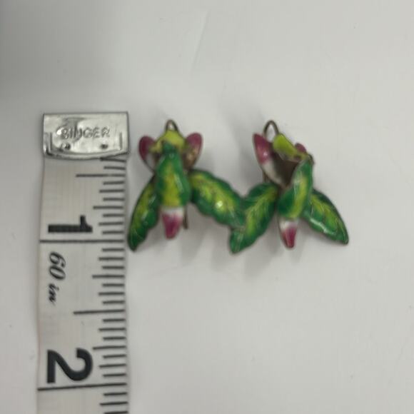 Vintage Sterling Silver Gold Vermeil Enamel Orchid Flower Lily Earrings - Picture 4 of 4